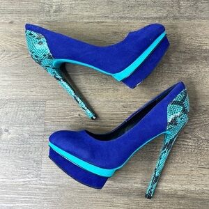 Colin Stuart Women’s Teal Snakeskin and Blue Suede Platform Heels, size 7.5